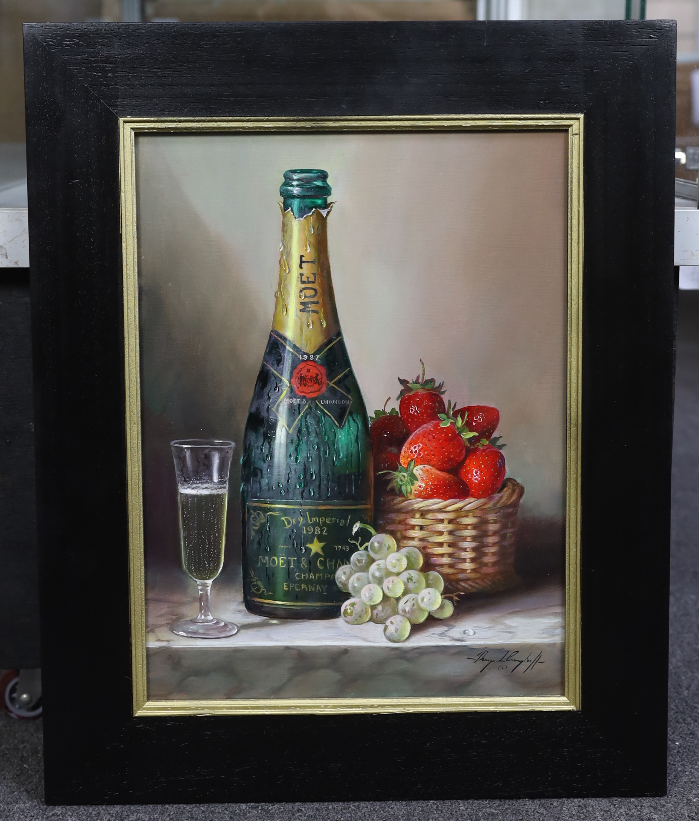 Raymond Campbell (English, b.1956), 1982 Moet & Chandon with strawberries and grapes, oil on canvas, 40cm x 30cm